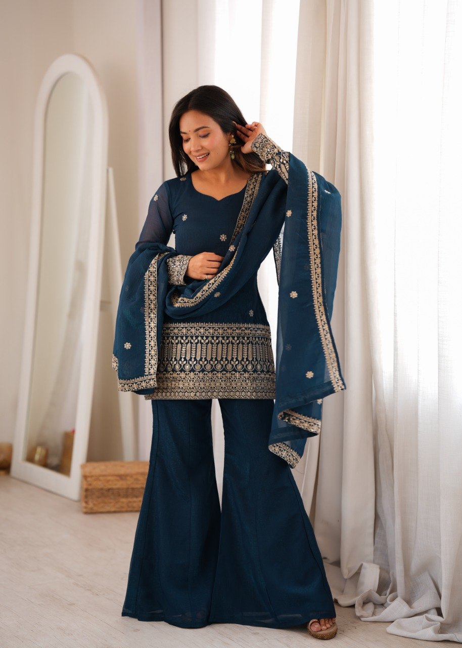 TEAL BLUE EMBROIDERED TRADITIONAL KURTA PALAZZO SUIT SET