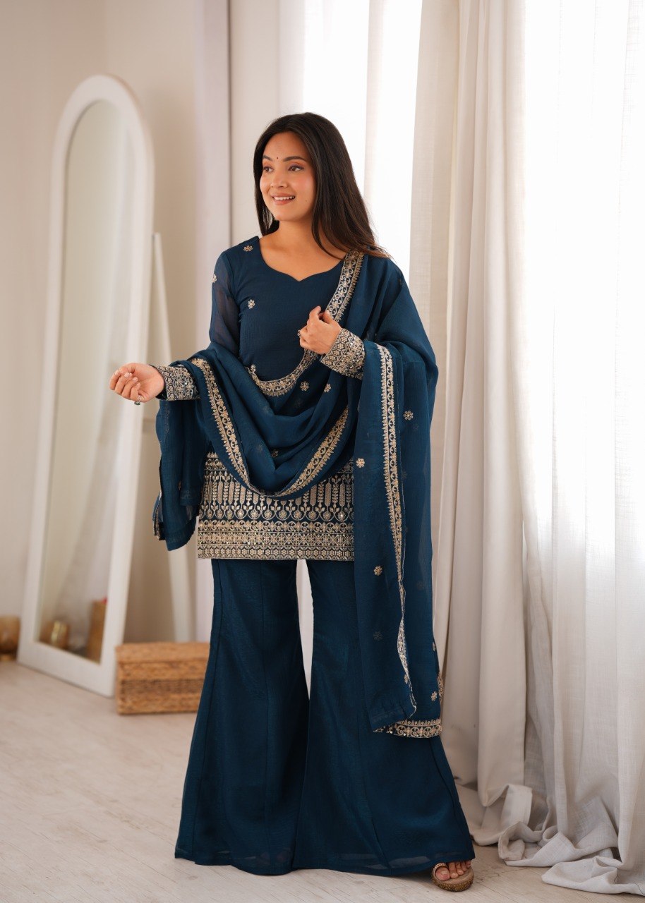TEAL BLUE EMBROIDERED TRADITIONAL KURTA PALAZZO SUIT SET