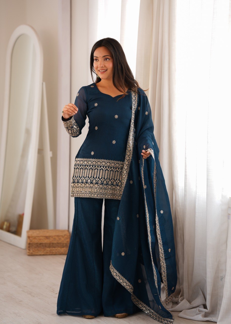 TEAL BLUE EMBROIDERED TRADITIONAL KURTA PALAZZO SUIT SET