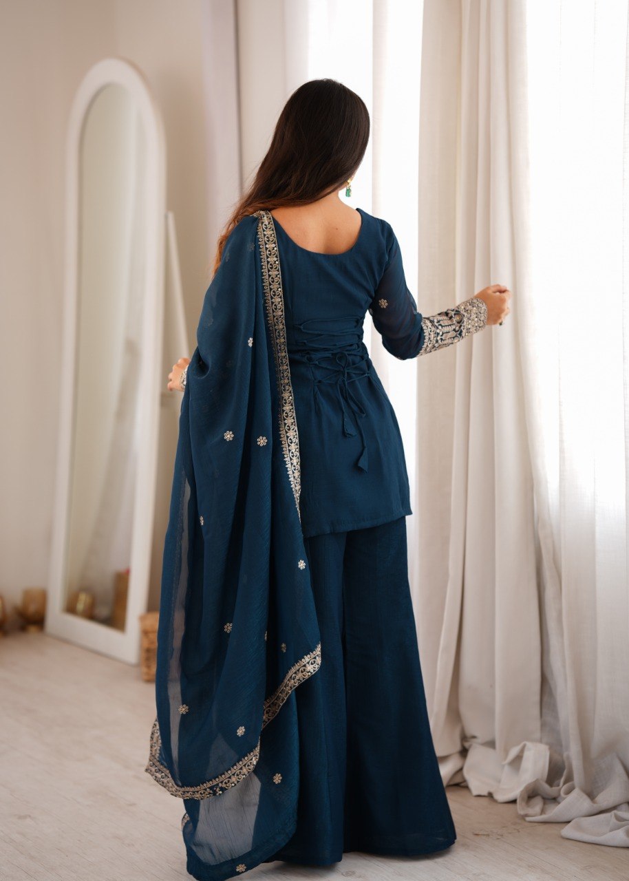 TEAL BLUE EMBROIDERED TRADITIONAL KURTA PALAZZO SUIT SET