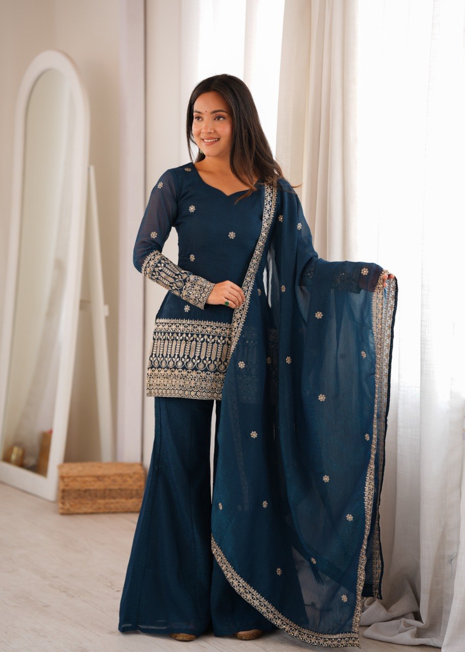 TEAL BLUE EMBROIDERED TRADITIONAL KURTA PALAZZO SUIT SET