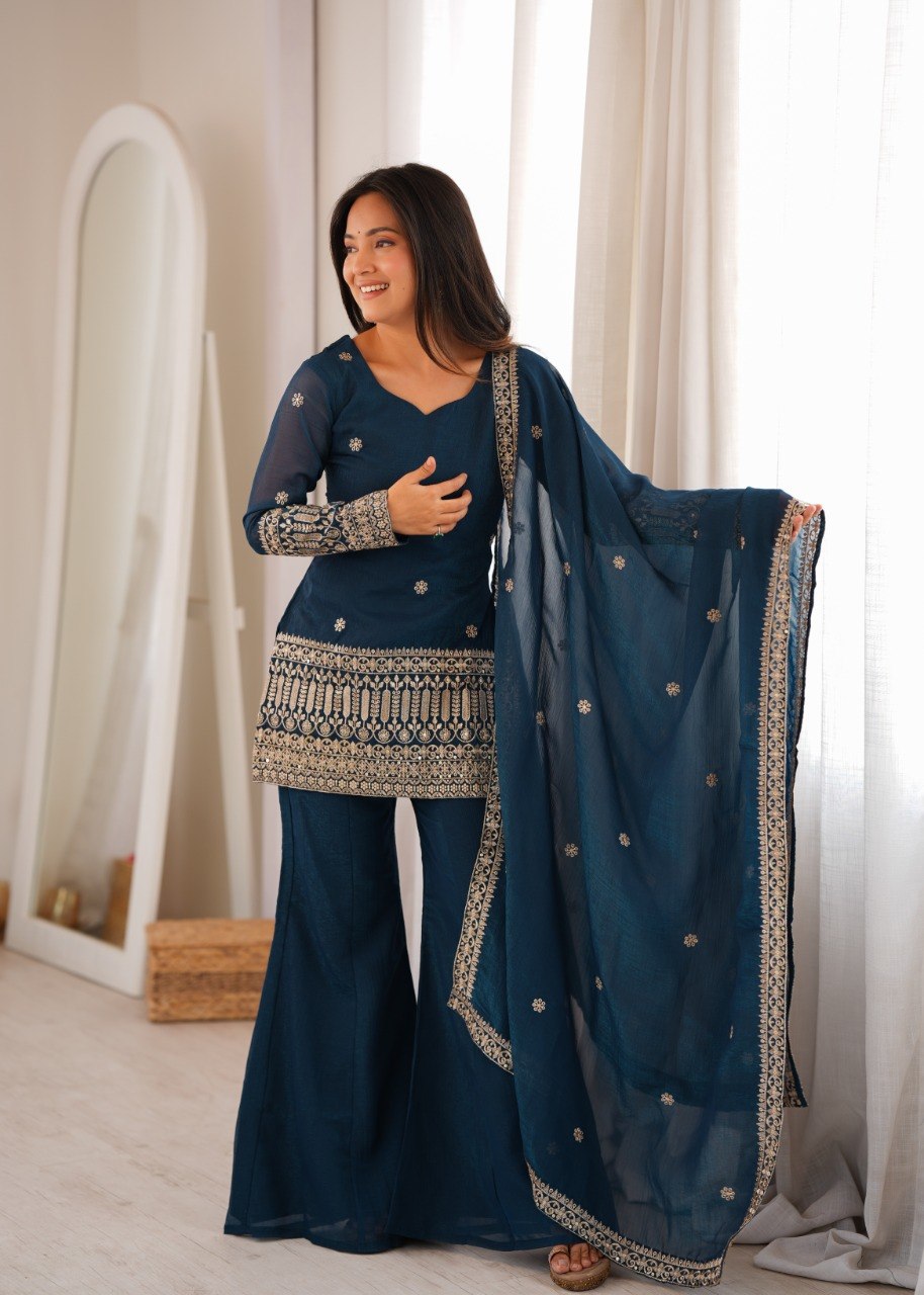 TEAL BLUE EMBROIDERED TRADITIONAL KURTA PALAZZO SUIT SET