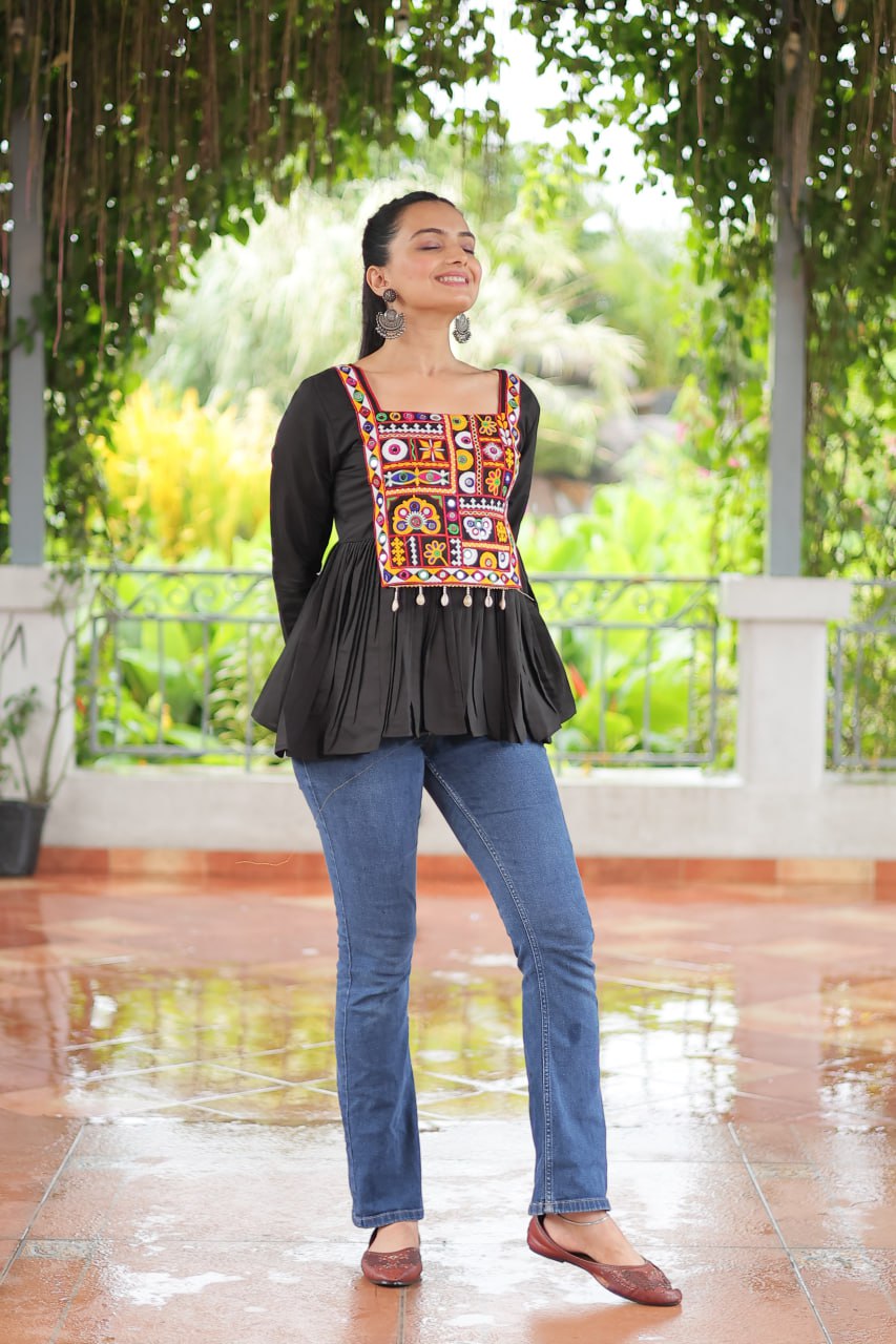 BLACK COLOR ROMAN SILK BASE GAMTHI WORK KURTI FOR NAVRATRI