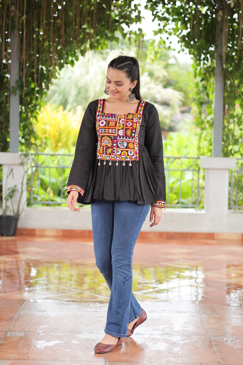 BLACK COLOR ROMAN SILK BASE GAMTHI WORK KURTI FOR NAVRATRI