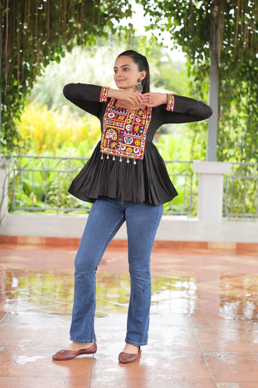 BLACK COLOR ROMAN SILK BASE GAMTHI WORK KURTI FOR NAVRATRI