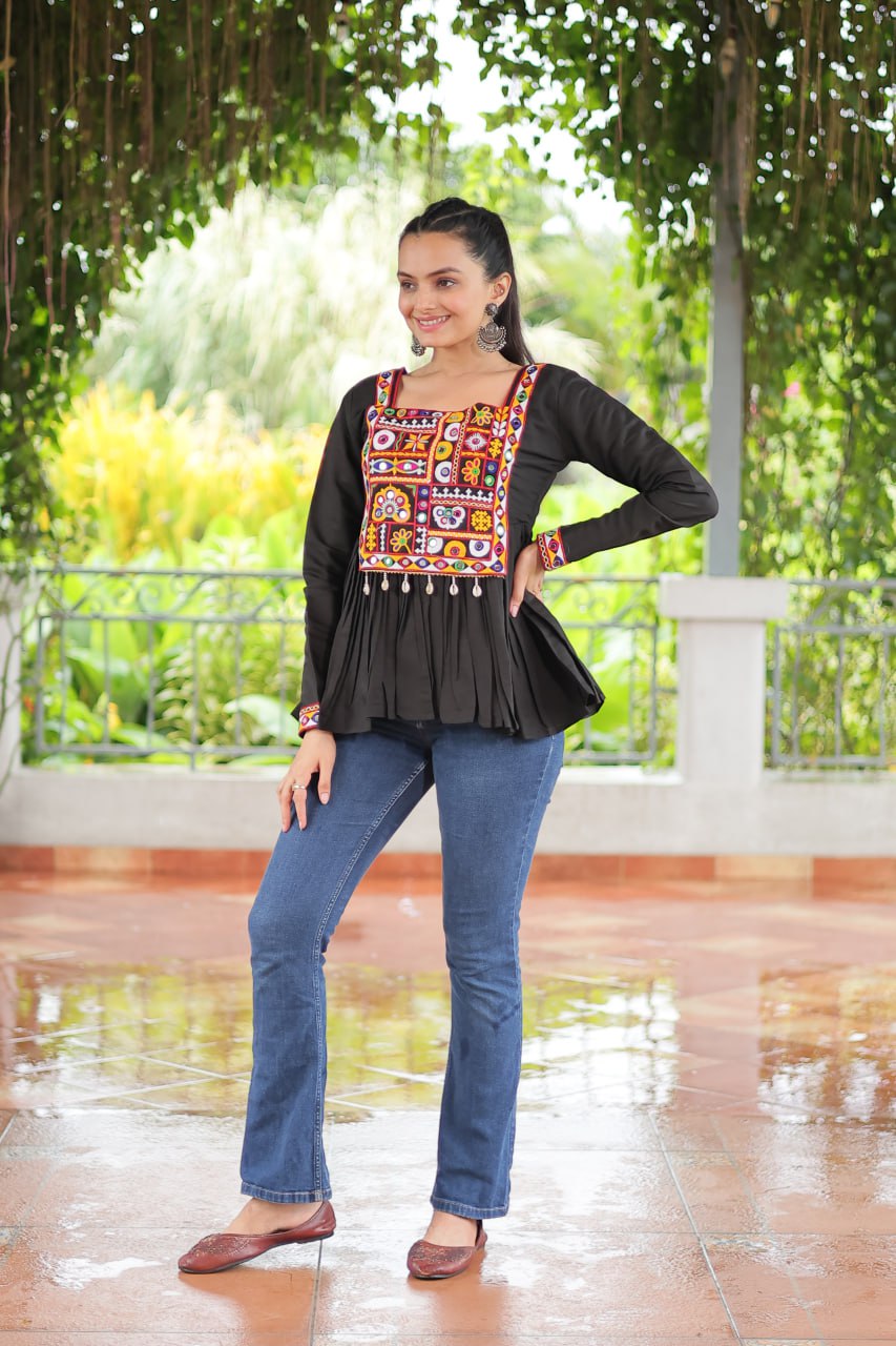 BLACK COLOR ROMAN SILK BASE GAMTHI WORK KURTI FOR NAVRATRI