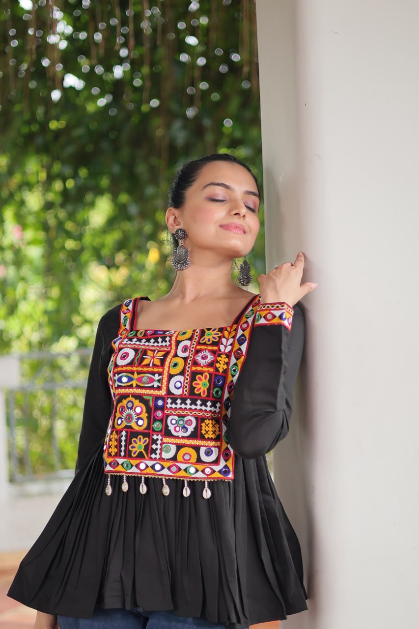 BLACK COLOR ROMAN SILK BASE GAMTHI WORK KURTI FOR NAVRATRI