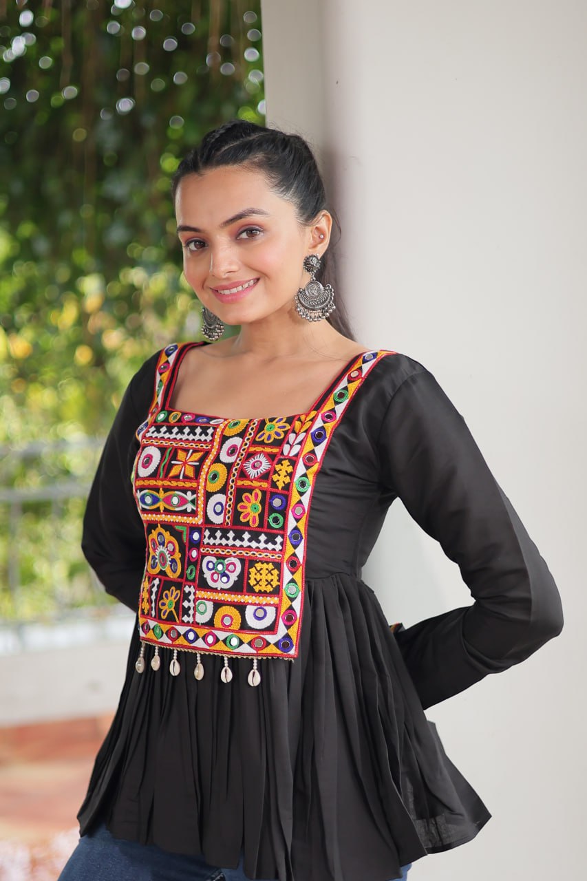 BLACK COLOR ROMAN SILK BASE GAMTHI WORK KURTI FOR NAVRATRI