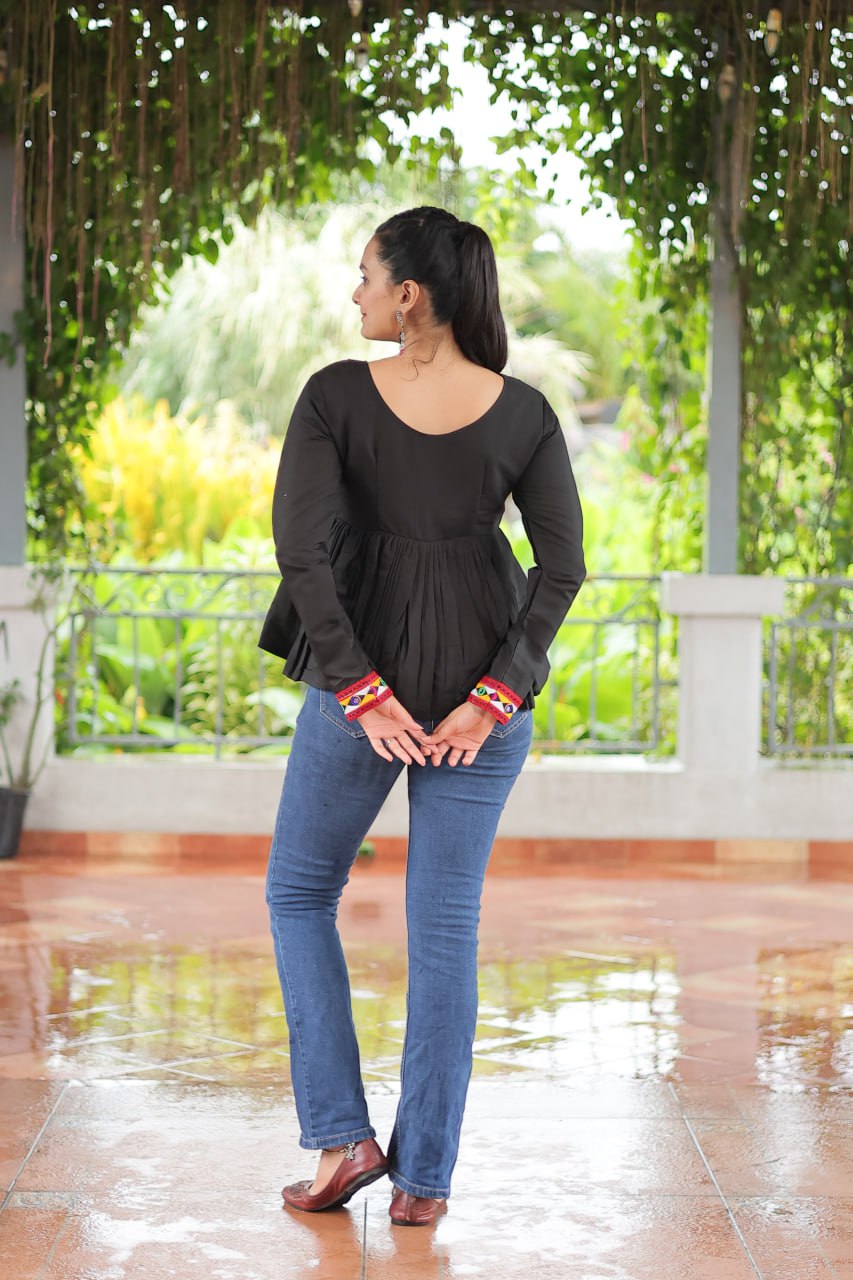 BLACK COLOR ROMAN SILK BASE GAMTHI WORK KURTI FOR NAVRATRI