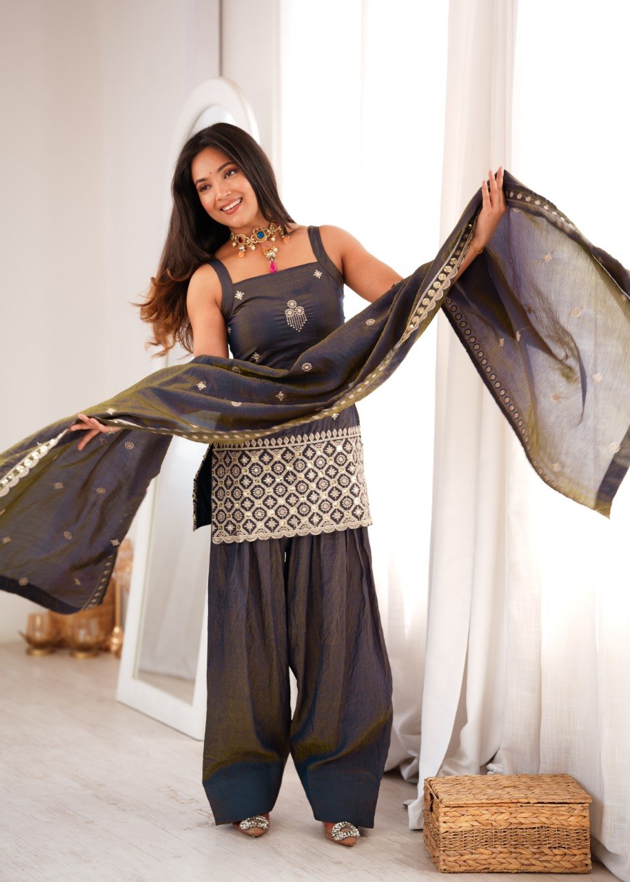 AABROO SMOKY GREY EMBROIDERED SHARARA SET