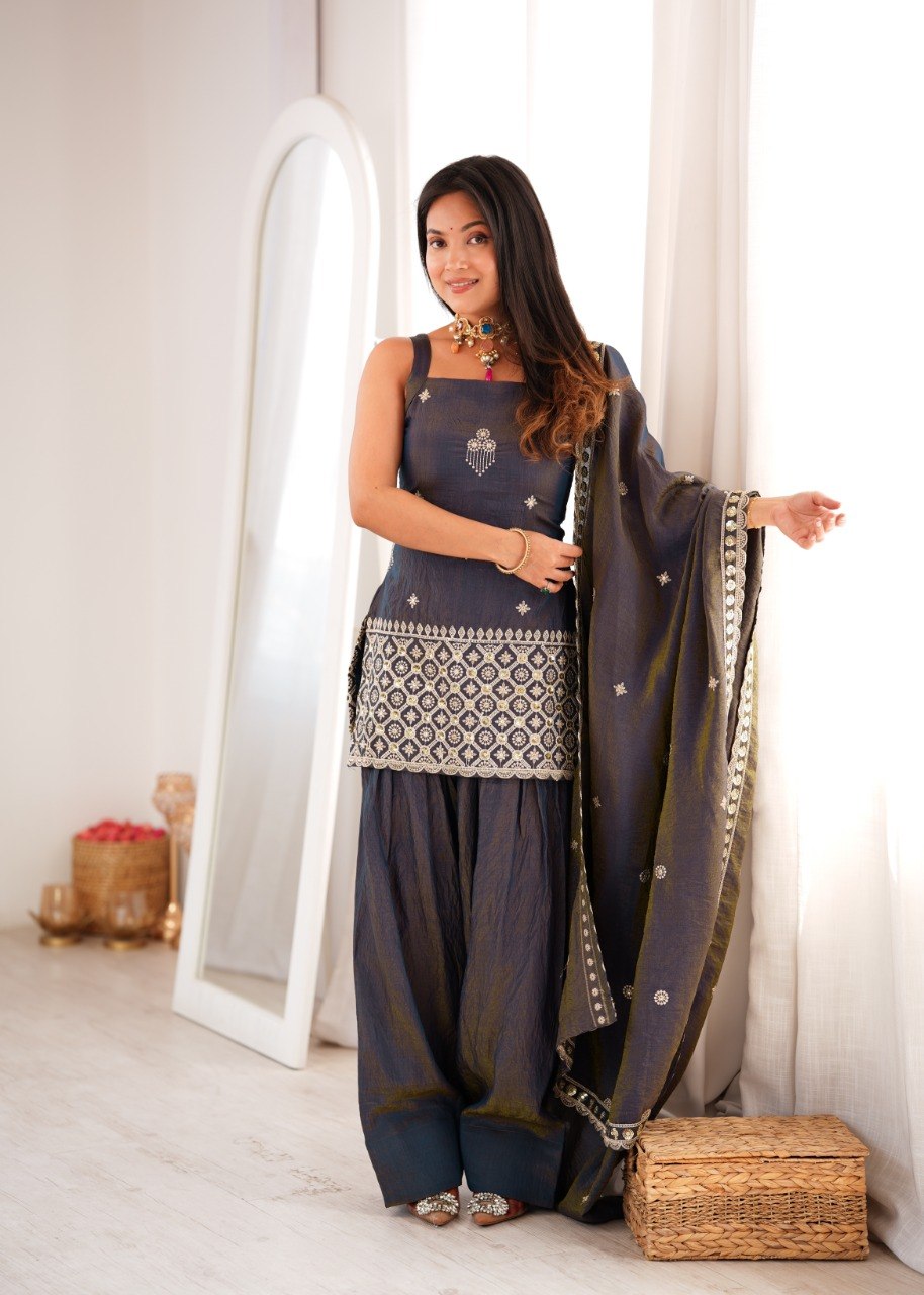 AABROO SMOKY GREY EMBROIDERED SHARARA SET