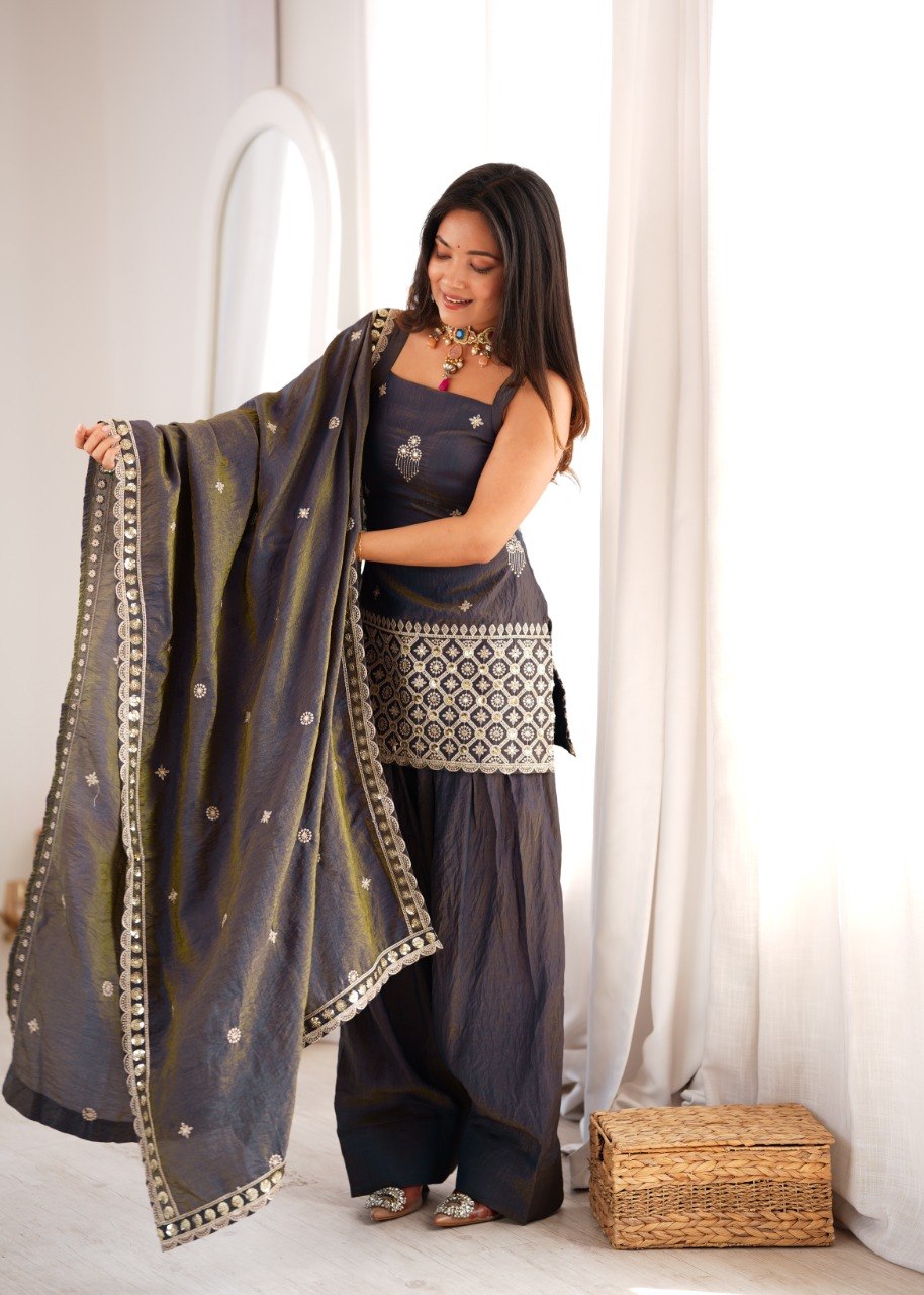 AABROO SMOKY GREY EMBROIDERED SHARARA SET