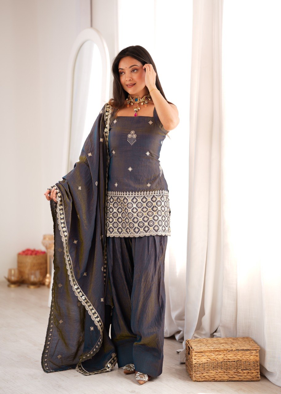 AABROO SMOKY GREY EMBROIDERED SHARARA SET