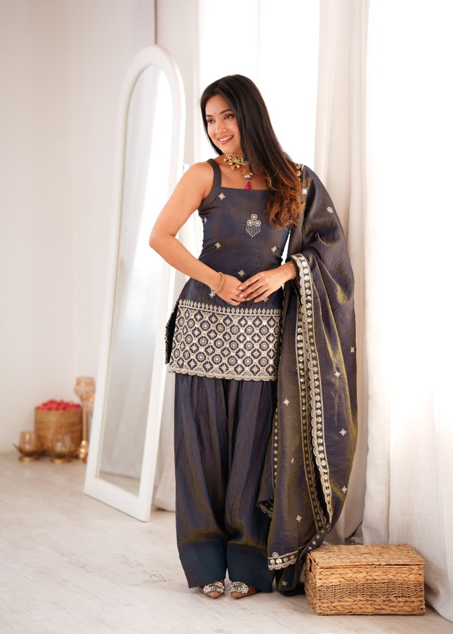 AABROO SMOKY GREY EMBROIDERED SHARARA SET
