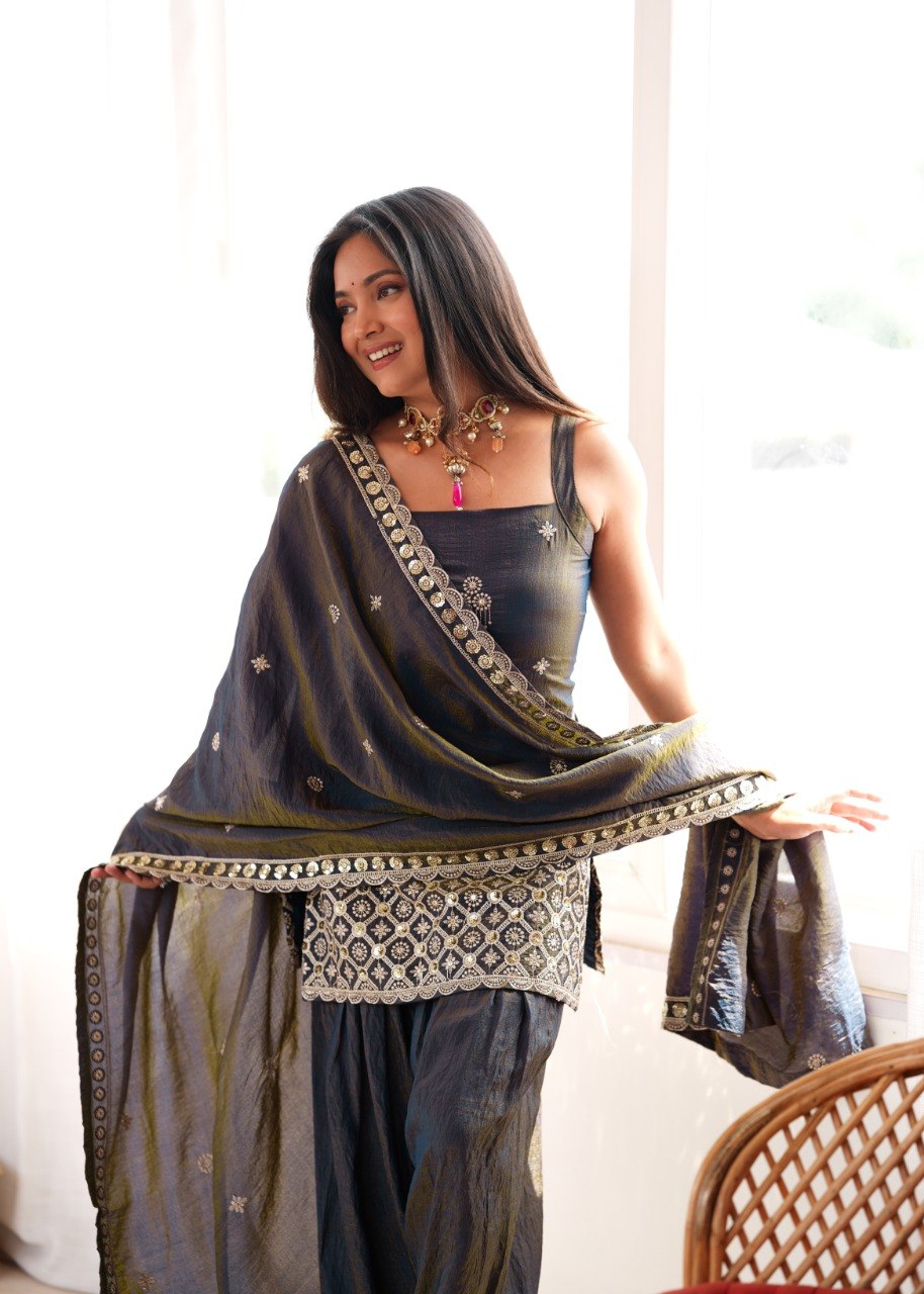 AABROO SMOKY GREY EMBROIDERED SHARARA SET