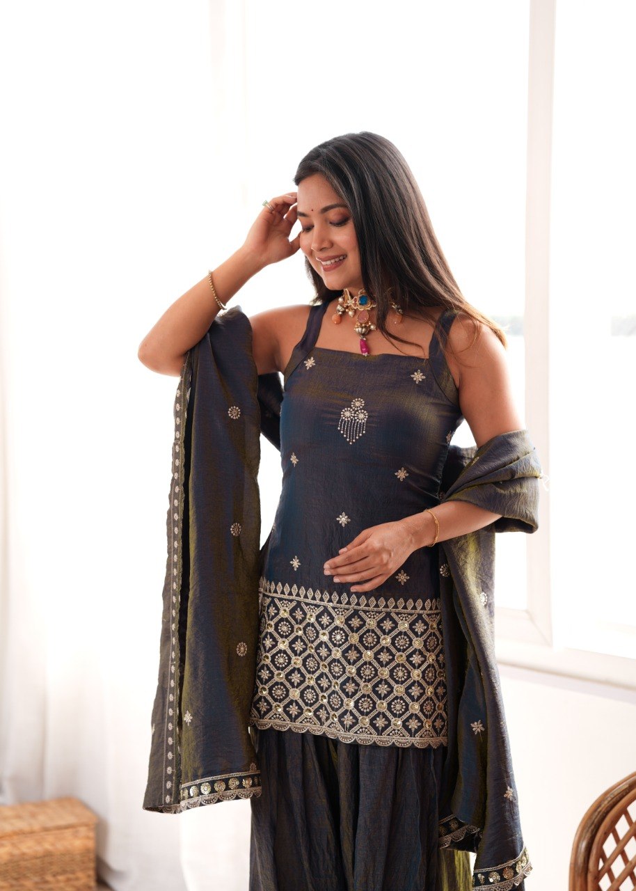 AABROO SMOKY GREY EMBROIDERED SHARARA SET