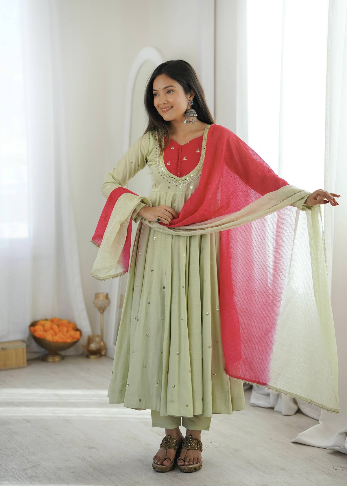TRADITIONAL PISTACHIO GREEN EMBROIDERED ANARKALI SET