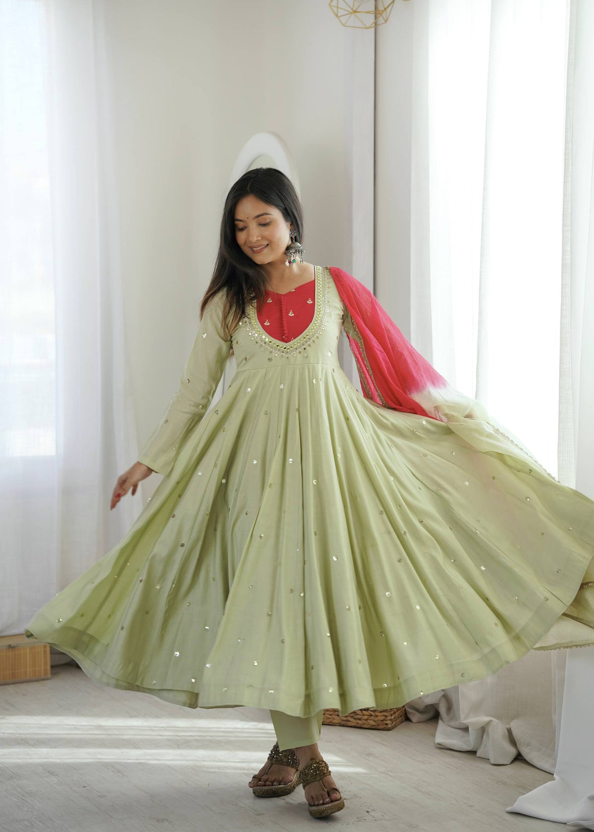 TRADITIONAL PISTACHIO GREEN EMBROIDERED ANARKALI SET