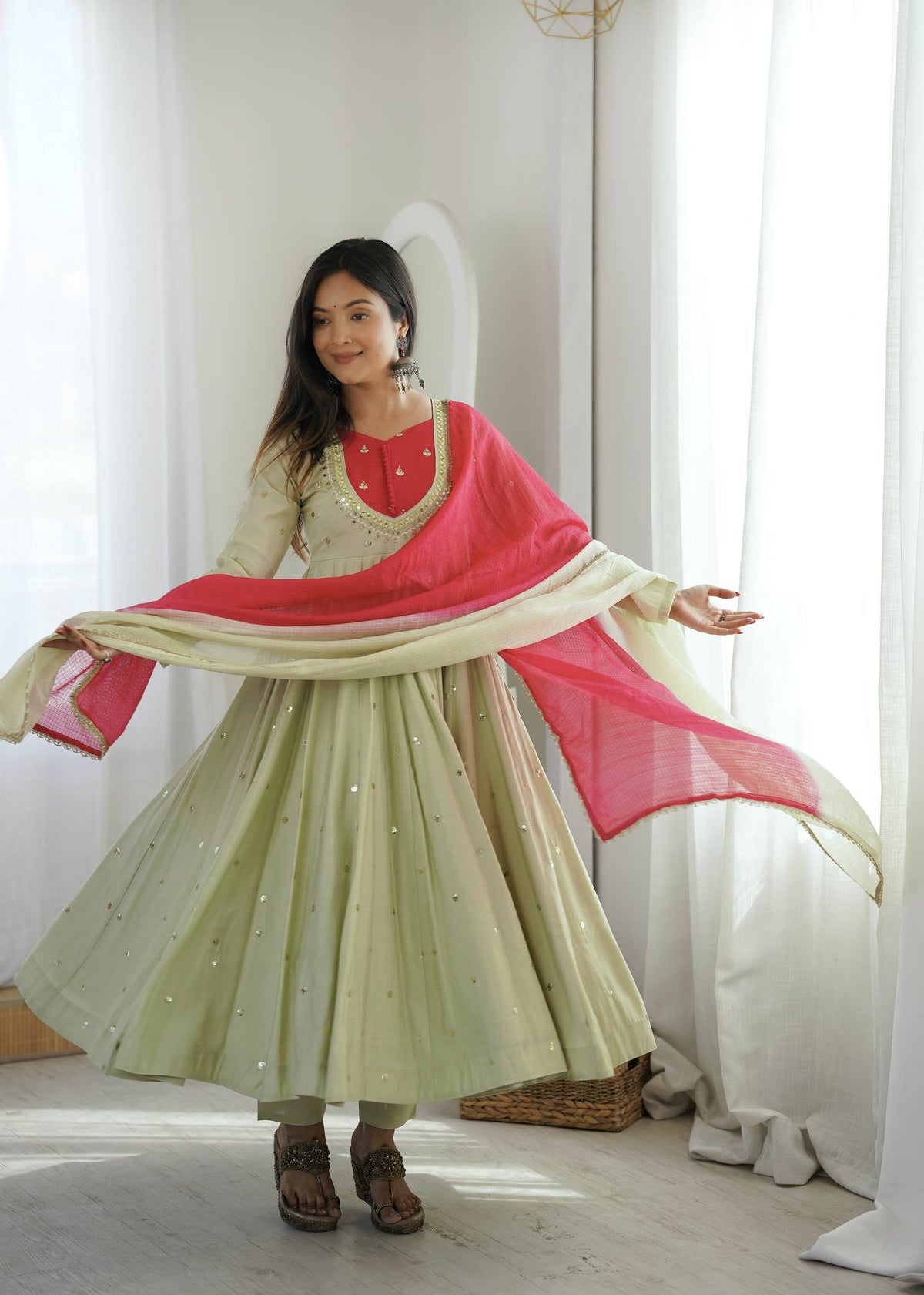 TRADITIONAL PISTACHIO GREEN EMBROIDERED ANARKALI SET