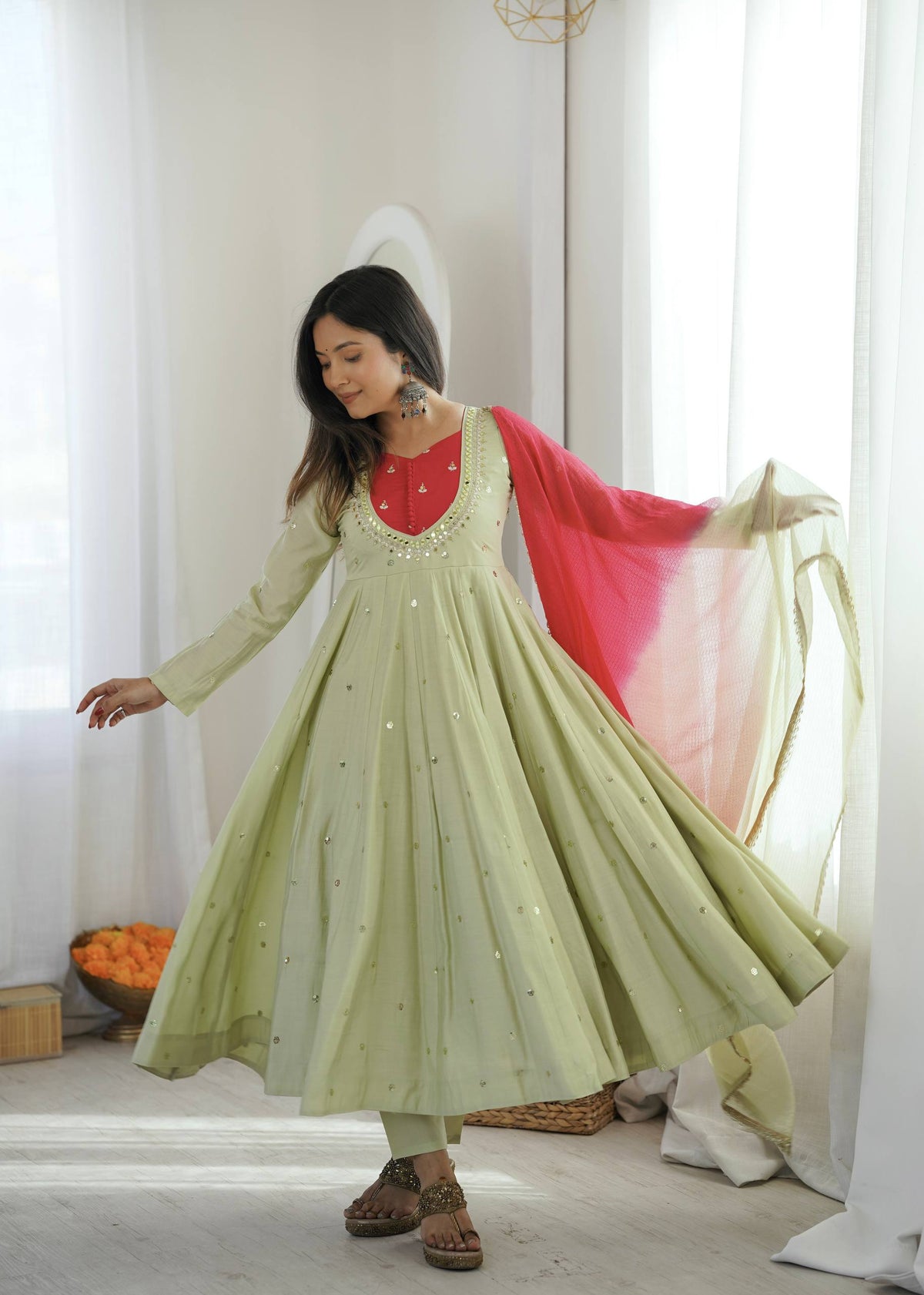 TRADITIONAL PISTACHIO GREEN EMBROIDERED ANARKALI SET