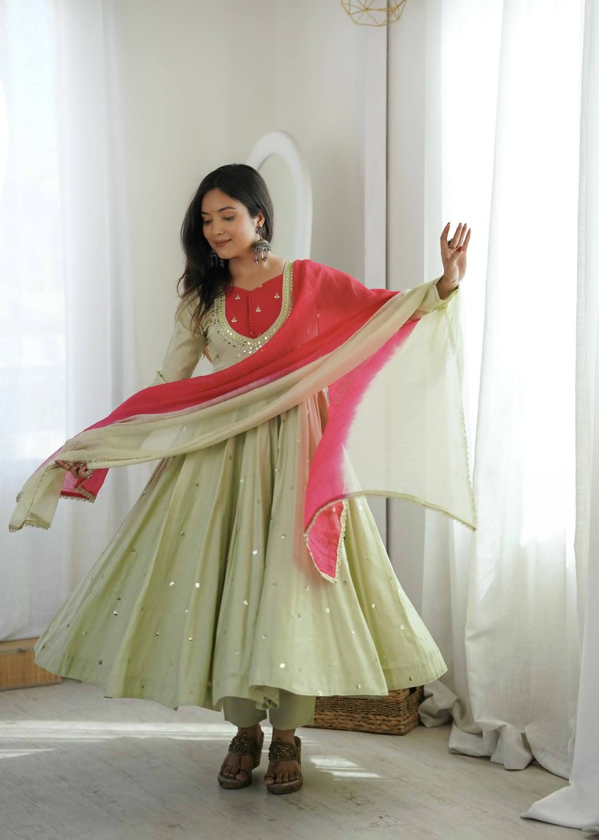 TRADITIONAL PISTACHIO GREEN EMBROIDERED ANARKALI SET