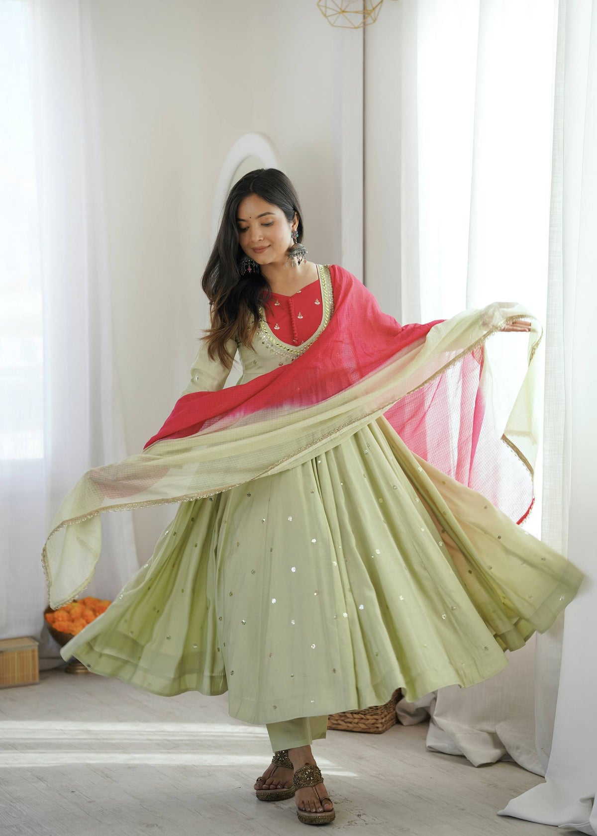 TRADITIONAL PISTACHIO GREEN EMBROIDERED ANARKALI SET