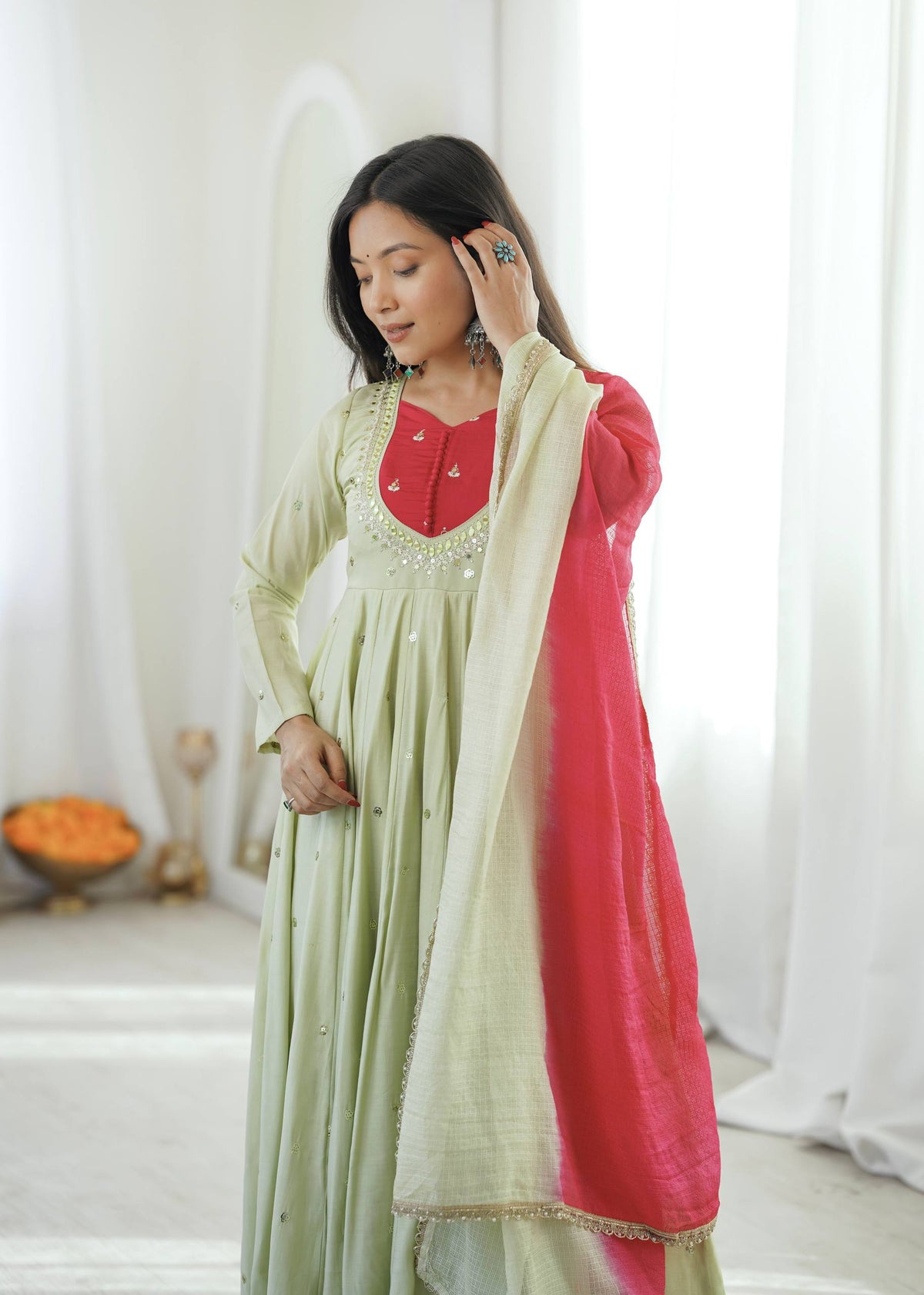 TRADITIONAL PISTACHIO GREEN EMBROIDERED ANARKALI SET