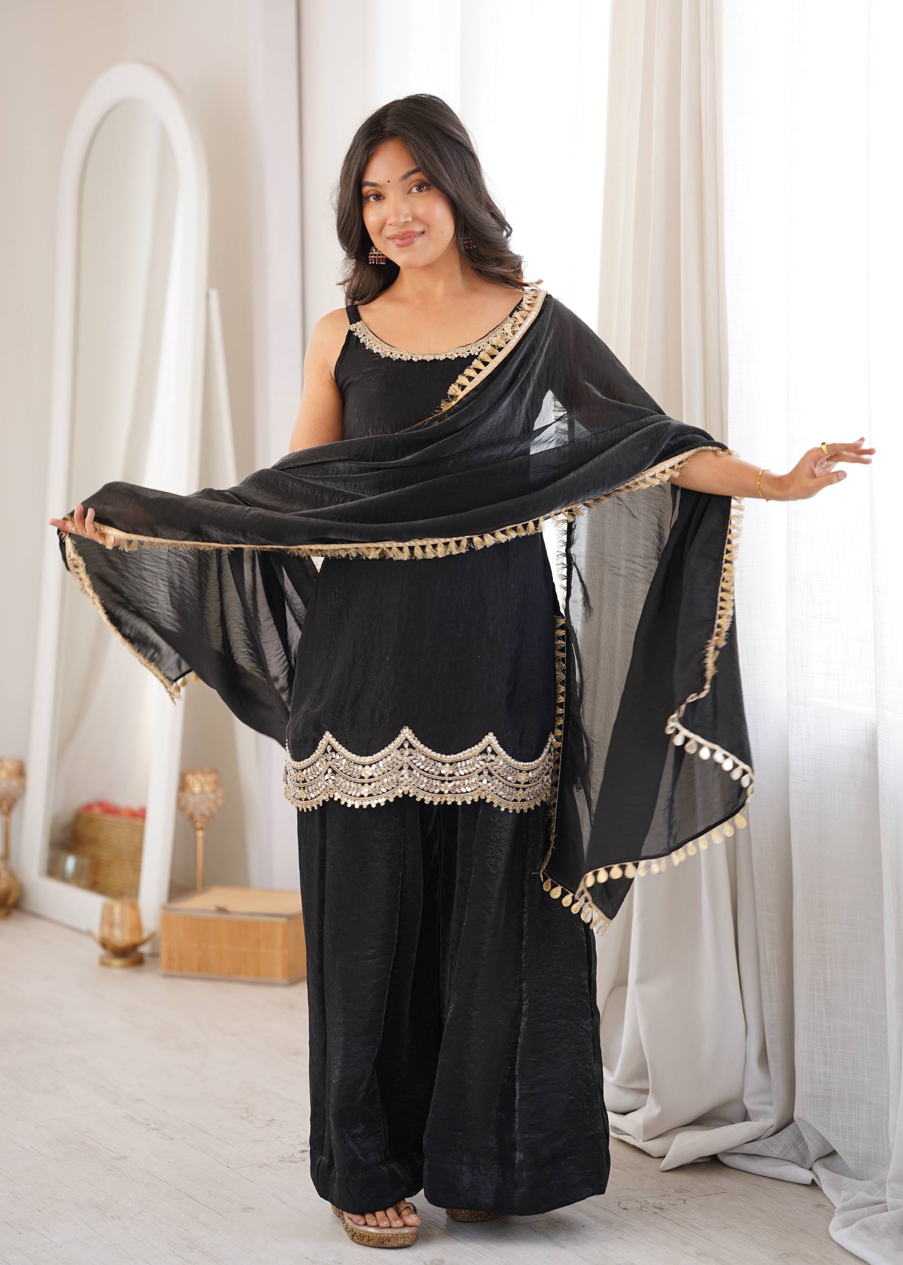 LUXURY BLACK MIRROR WORK FENDY SILK SHARARA SUIT SET