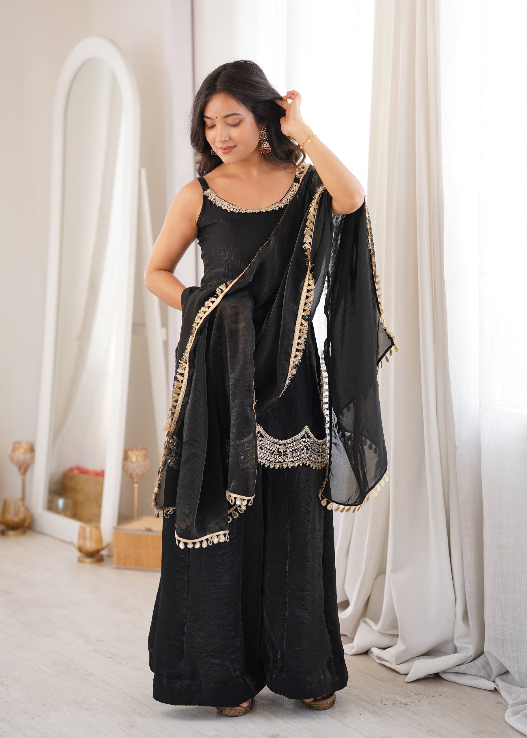 LUXURY BLACK MIRROR WORK FENDY SILK SHARARA SUIT SET