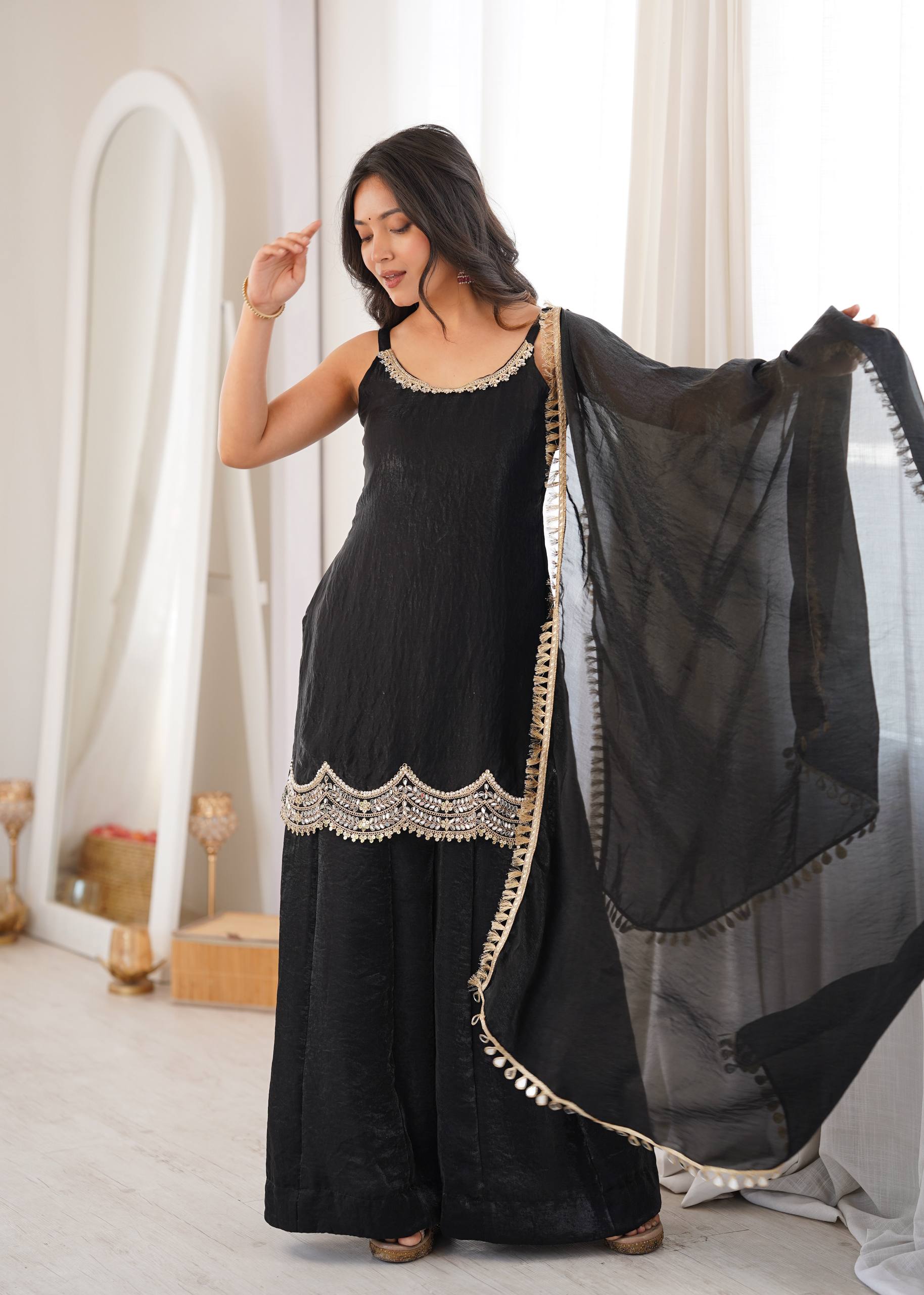 LUXURY BLACK MIRROR WORK FENDY SILK SHARARA SUIT SET