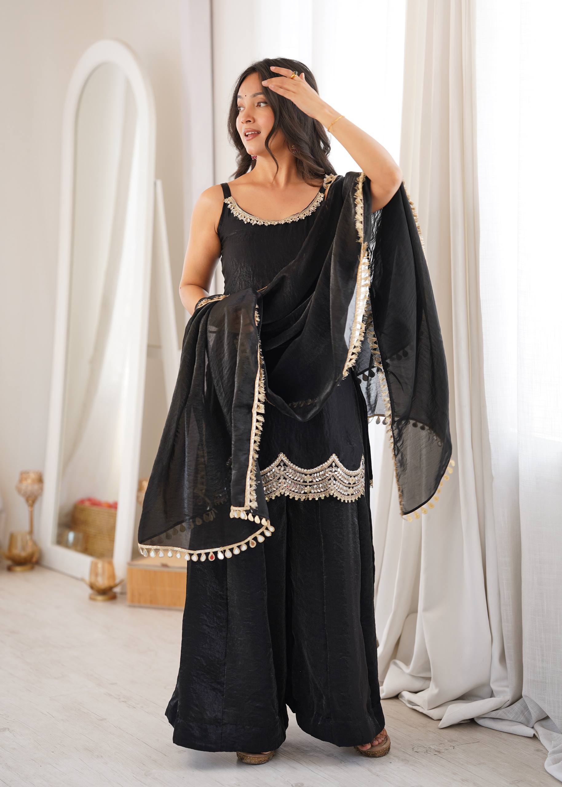 LUXURY BLACK MIRROR WORK FENDY SILK SHARARA SUIT SET