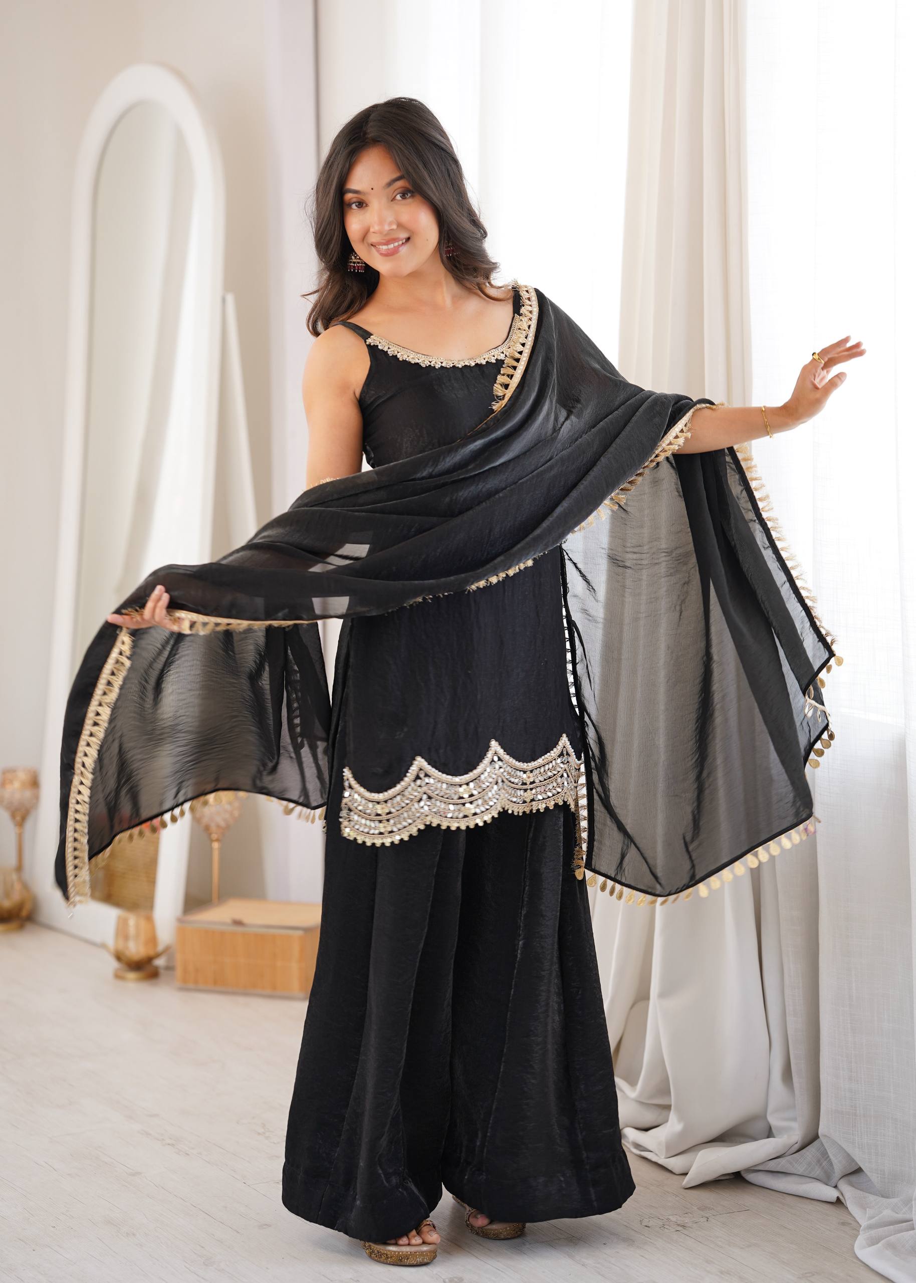 LUXURY BLACK MIRROR WORK FENDY SILK SHARARA SUIT SET