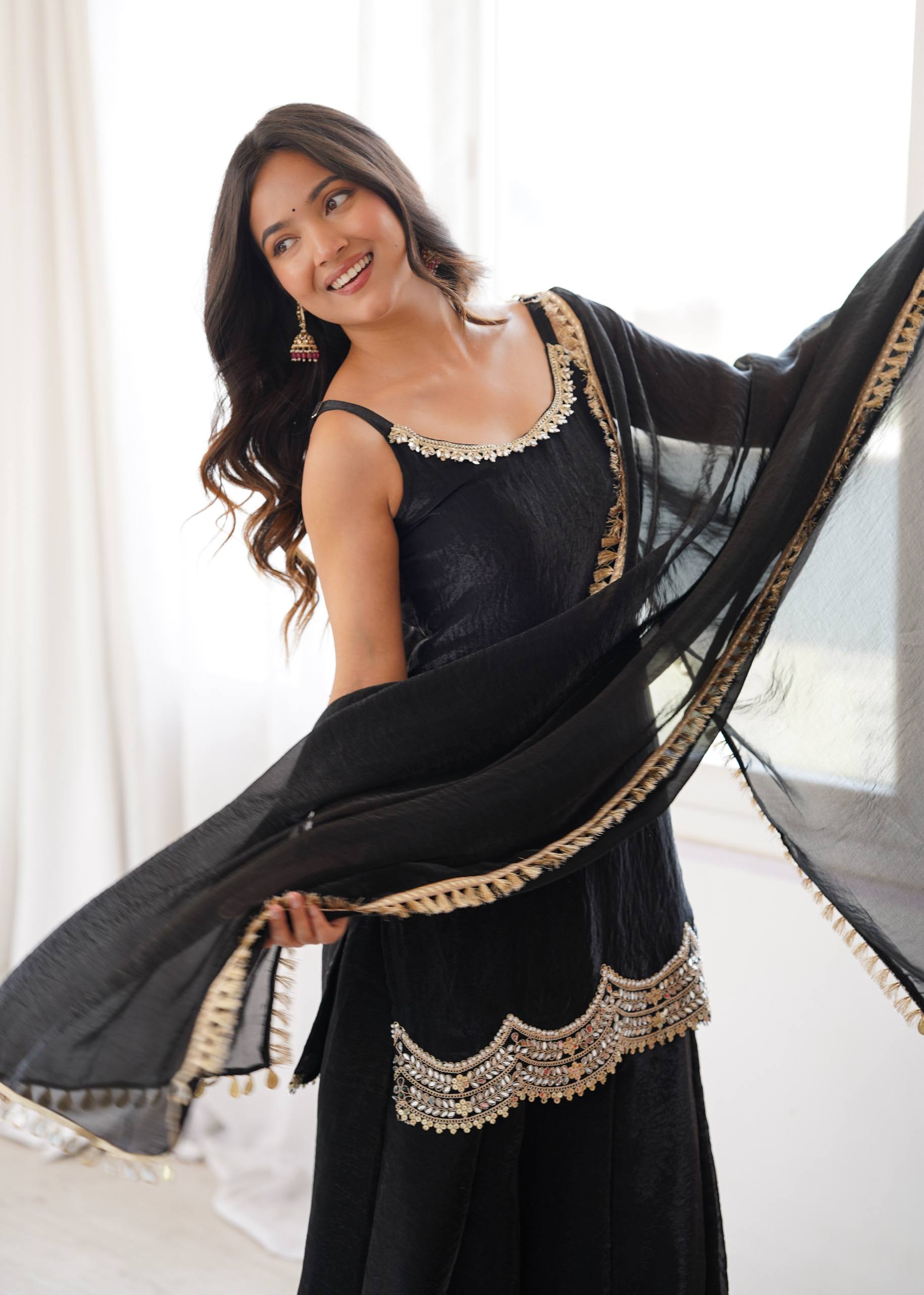 LUXURY BLACK MIRROR WORK FENDY SILK SHARARA SUIT SET