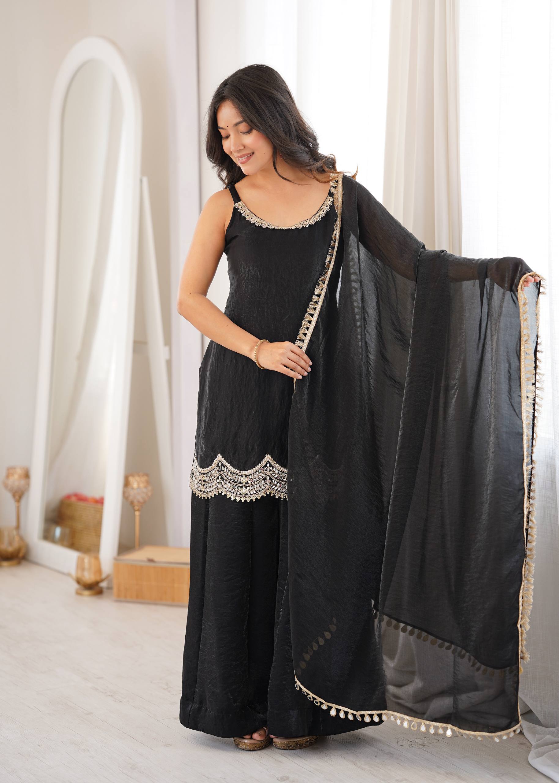 LUXURY BLACK MIRROR WORK FENDY SILK SHARARA SUIT SET