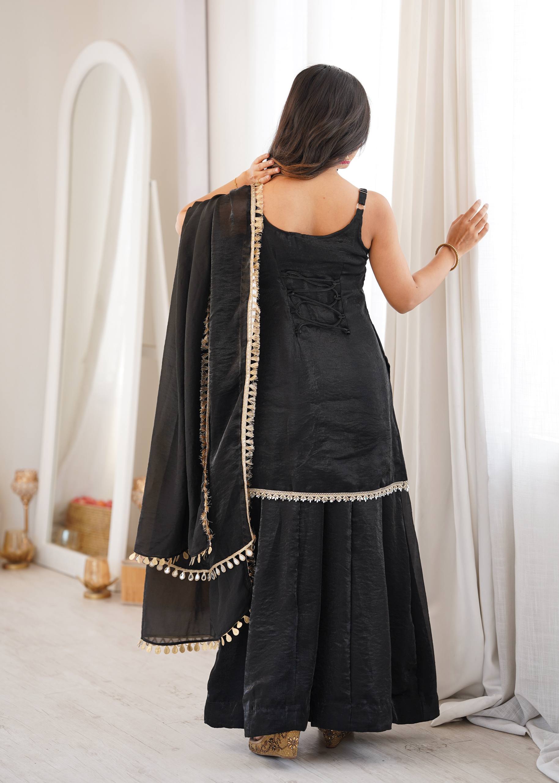 LUXURY BLACK MIRROR WORK FENDY SILK SHARARA SUIT SET