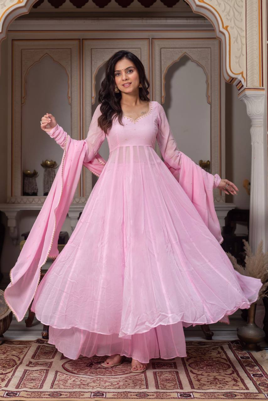 DESIGNER BABY PINK GEORGETTE ANARKALI GOWN SET WITH DUPATTA