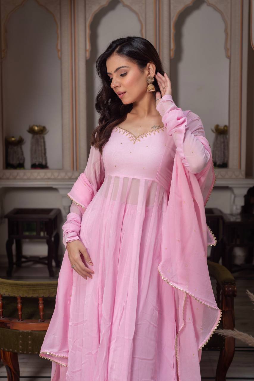 DESIGNER BABY PINK GEORGETTE ANARKALI GOWN SET WITH DUPATTA