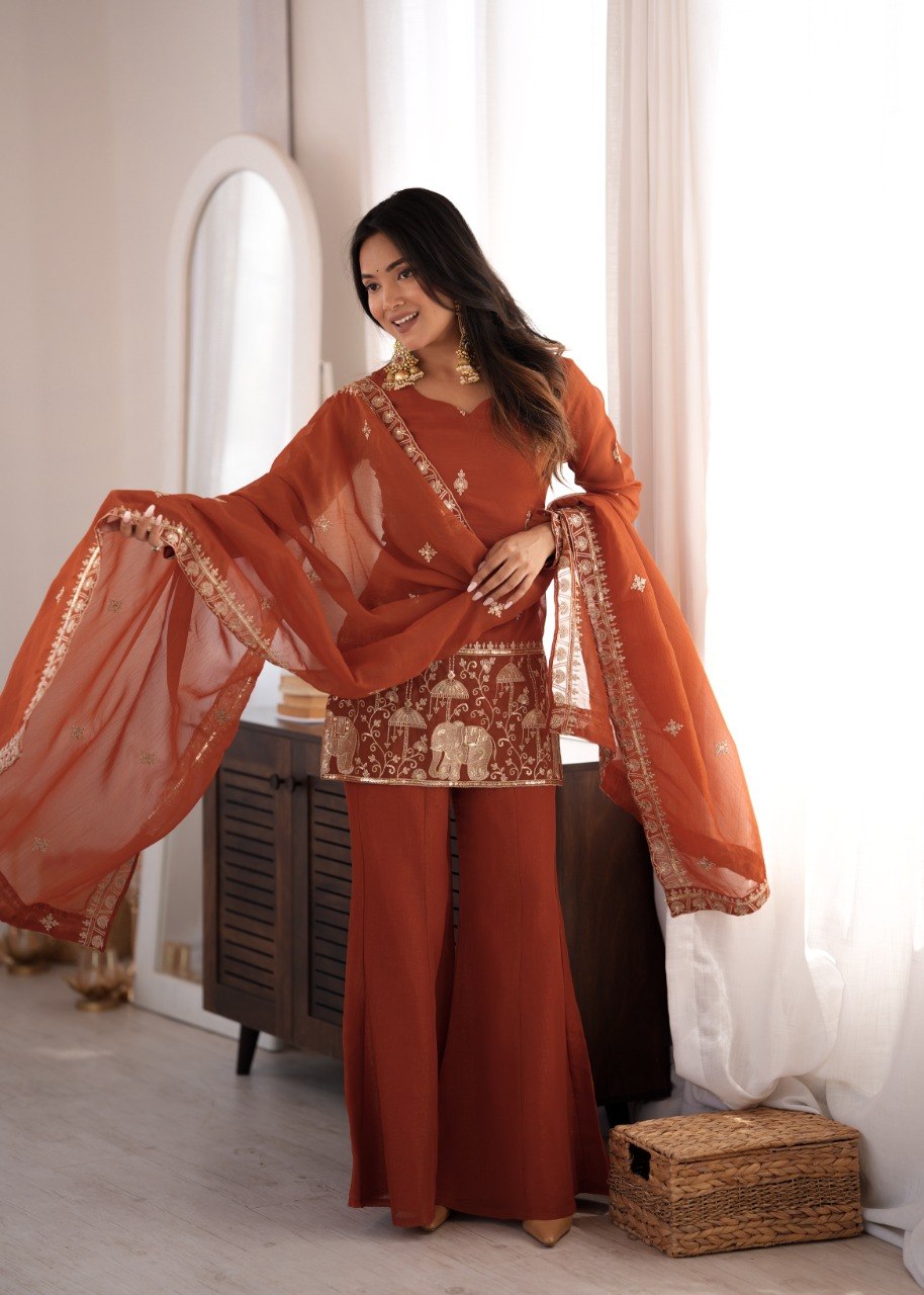 DESIGNER RUST ORANGE EMBROIDERED CRUNCHY SILK KURTA BELL BOTTOM SUIT SET WITH DUPATTA