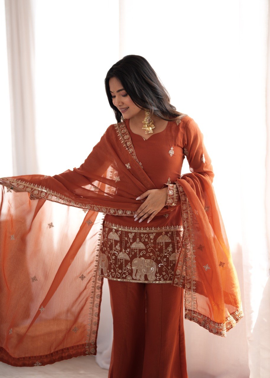 DESIGNER RUST ORANGE EMBROIDERED CRUNCHY SILK KURTA BELL BOTTOM SUIT SET WITH DUPATTA