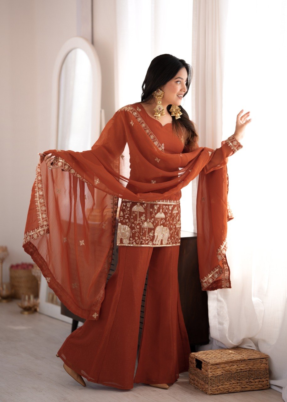 DESIGNER RUST ORANGE EMBROIDERED CRUNCHY SILK KURTA BELL BOTTOM SUIT SET WITH DUPATTA