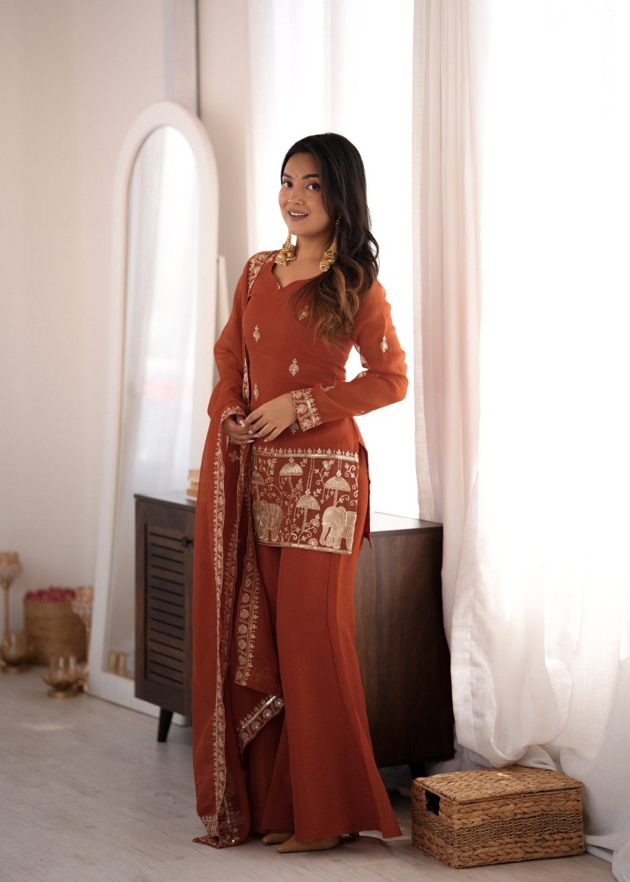 DESIGNER RUST ORANGE EMBROIDERED CRUNCHY SILK KURTA BELL BOTTOM SUIT SET WITH DUPATTA