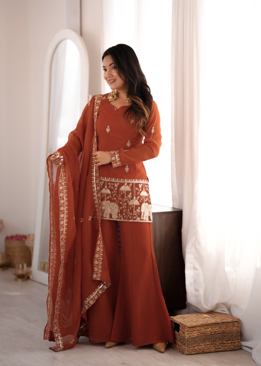 DESIGNER RUST ORANGE EMBROIDERED CRUNCHY SILK KURTA BELL BOTTOM SUIT SET WITH DUPATTA