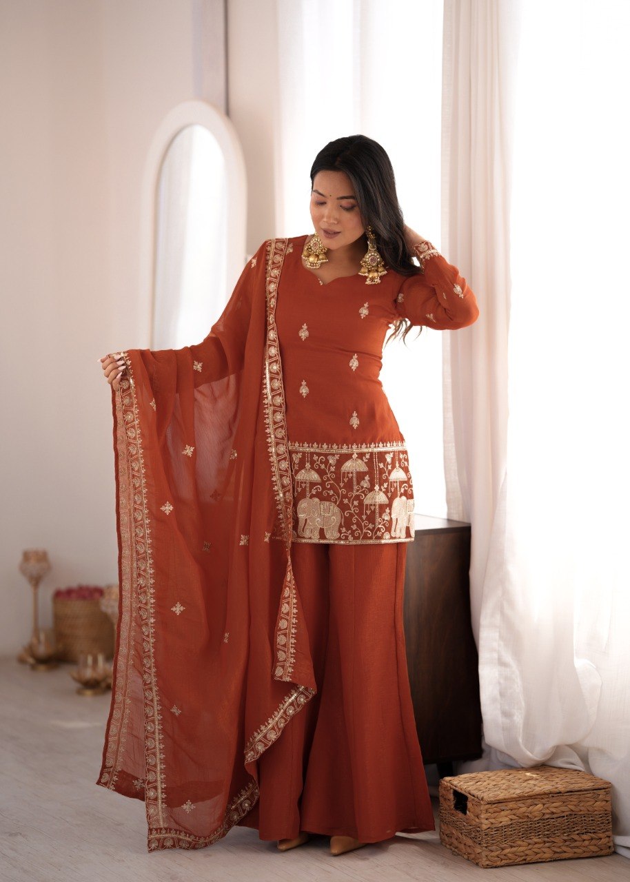 DESIGNER RUST ORANGE EMBROIDERED CRUNCHY SILK KURTA BELL BOTTOM SUIT SET WITH DUPATTA