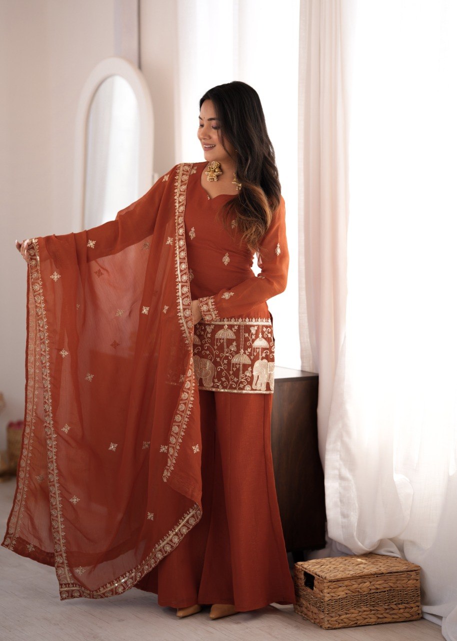 DESIGNER RUST ORANGE EMBROIDERED CRUNCHY SILK KURTA BELL BOTTOM SUIT SET WITH DUPATTA