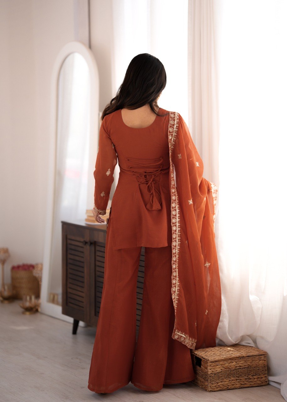 DESIGNER RUST ORANGE EMBROIDERED CRUNCHY SILK KURTA BELL BOTTOM SUIT SET WITH DUPATTA