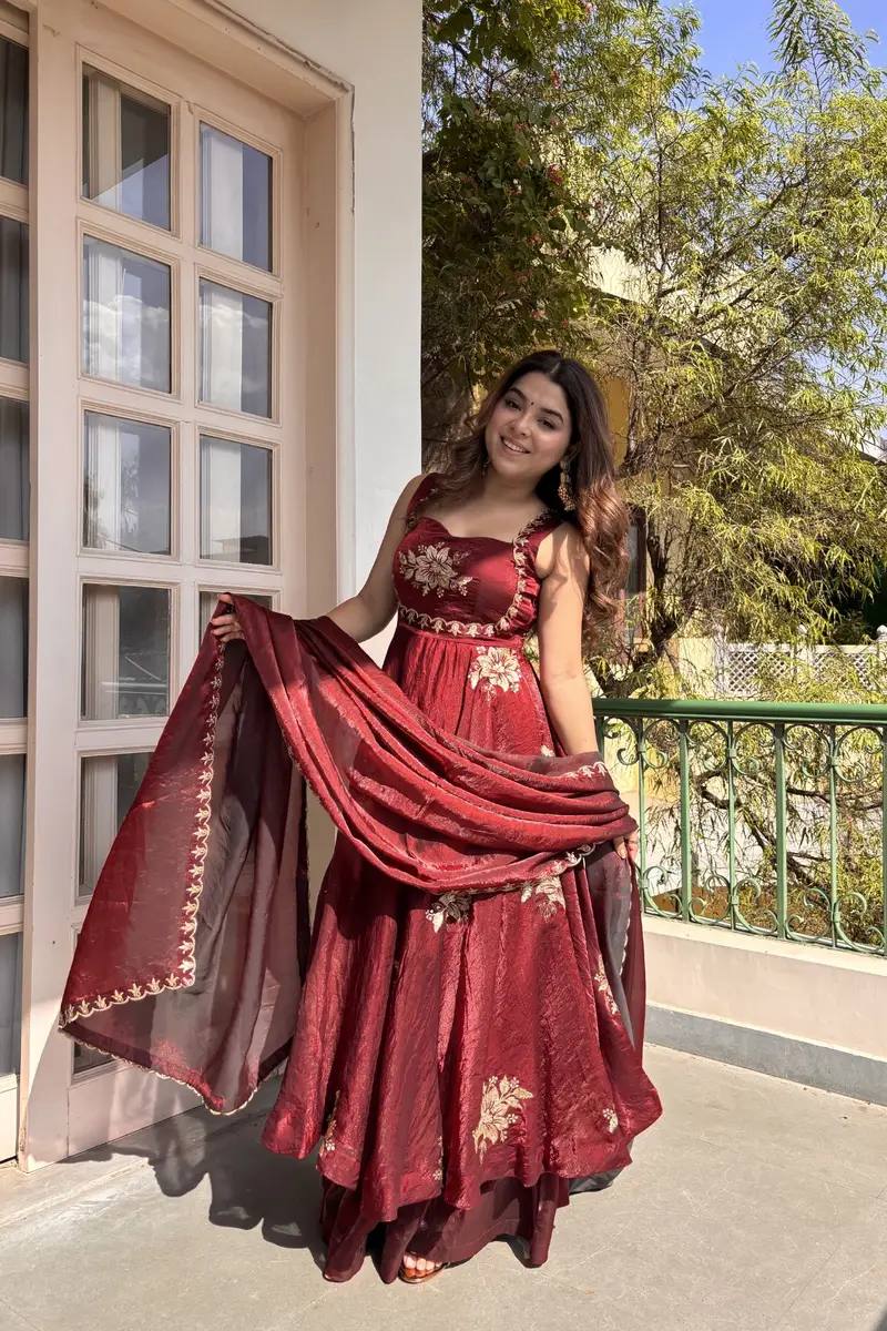 MAROON DESIGNER ANARKALI WITH SABYASACHI STYLE NECKLINE