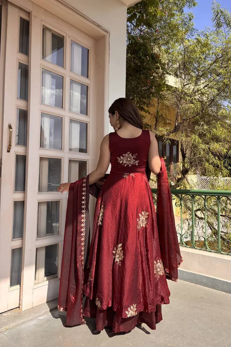 MAROON DESIGNER ANARKALI WITH SABYASACHI STYLE NECKLINE