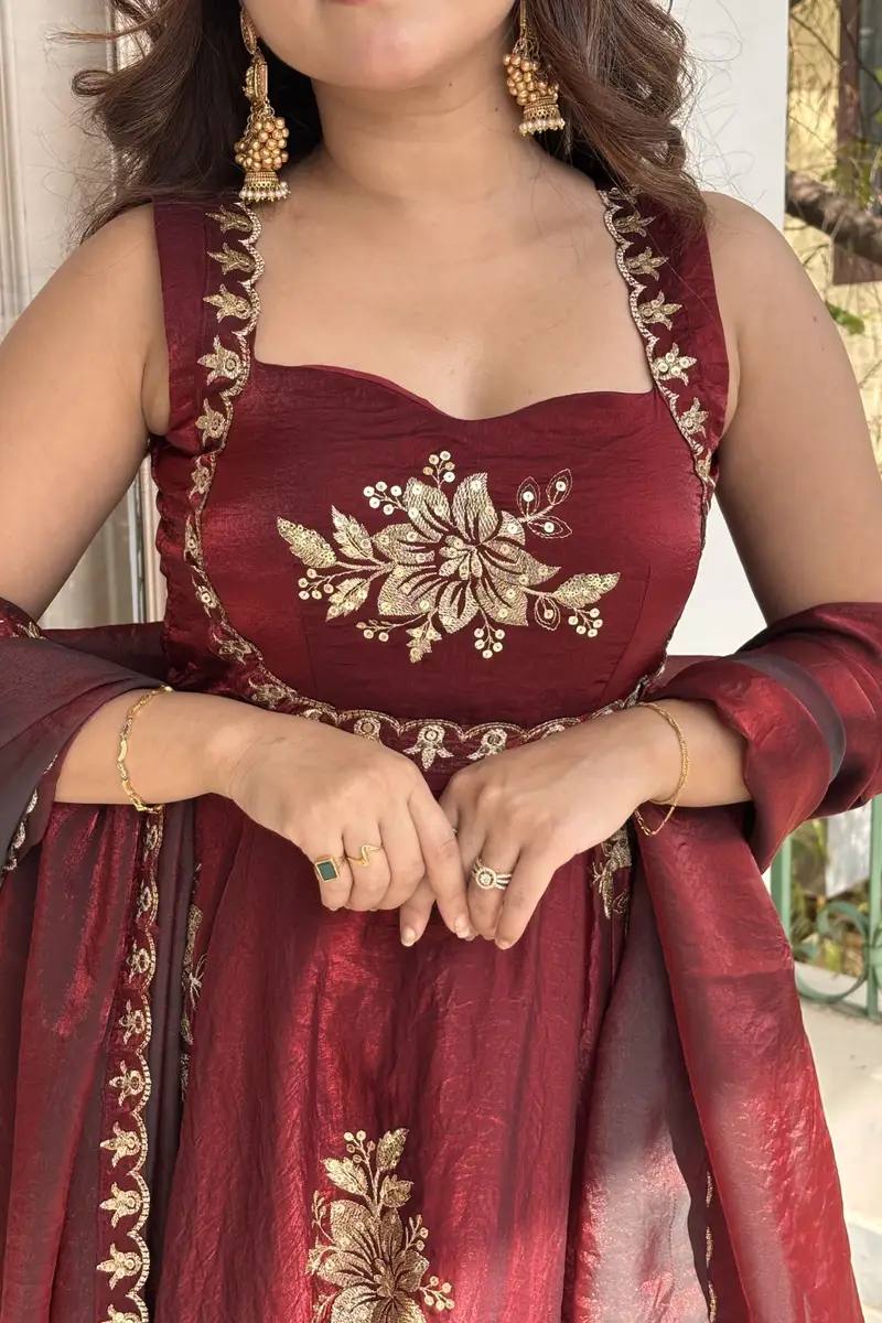 MAROON DESIGNER ANARKALI WITH SABYASACHI STYLE NECKLINE