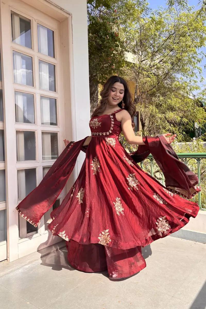 MAROON DESIGNER ANARKALI WITH SABYASACHI STYLE NECKLINE