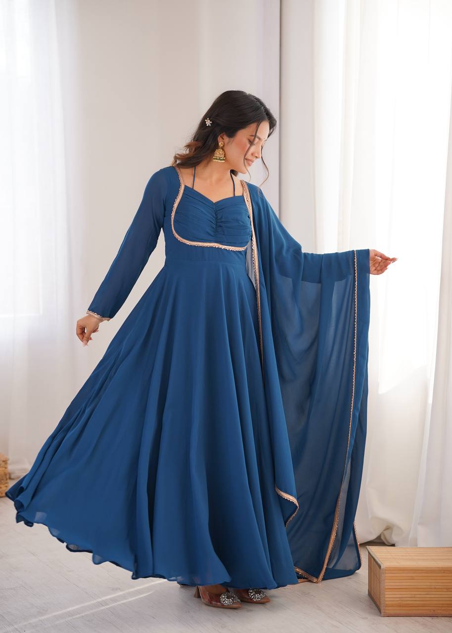 TEAL BLUE COLOR PURE BLOOMING GEORGETTE ANARKALI GOWN